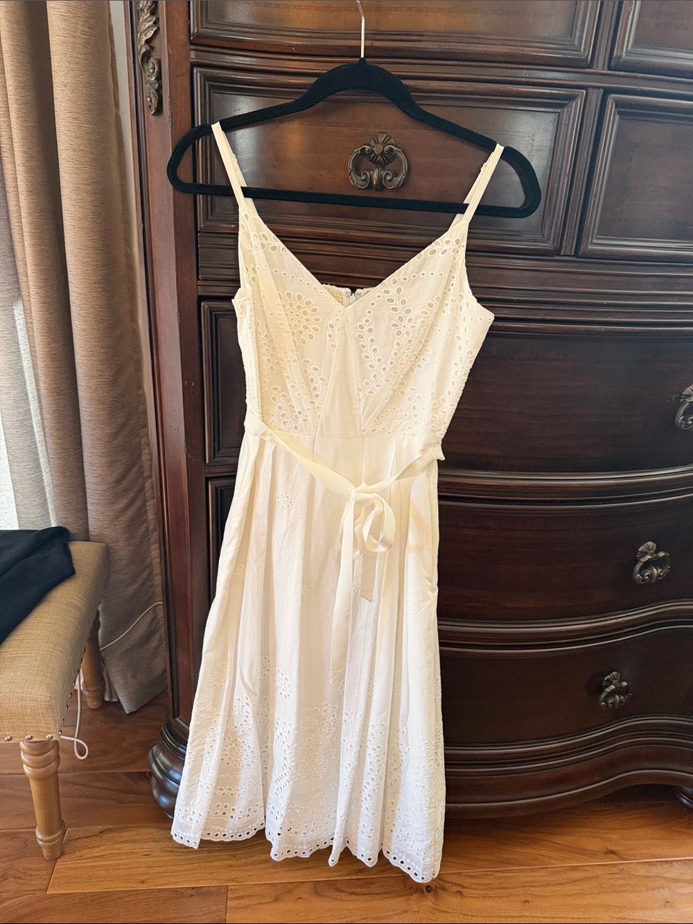 White House Black Market whiteEyelet Midi Dress with Tie Waist
